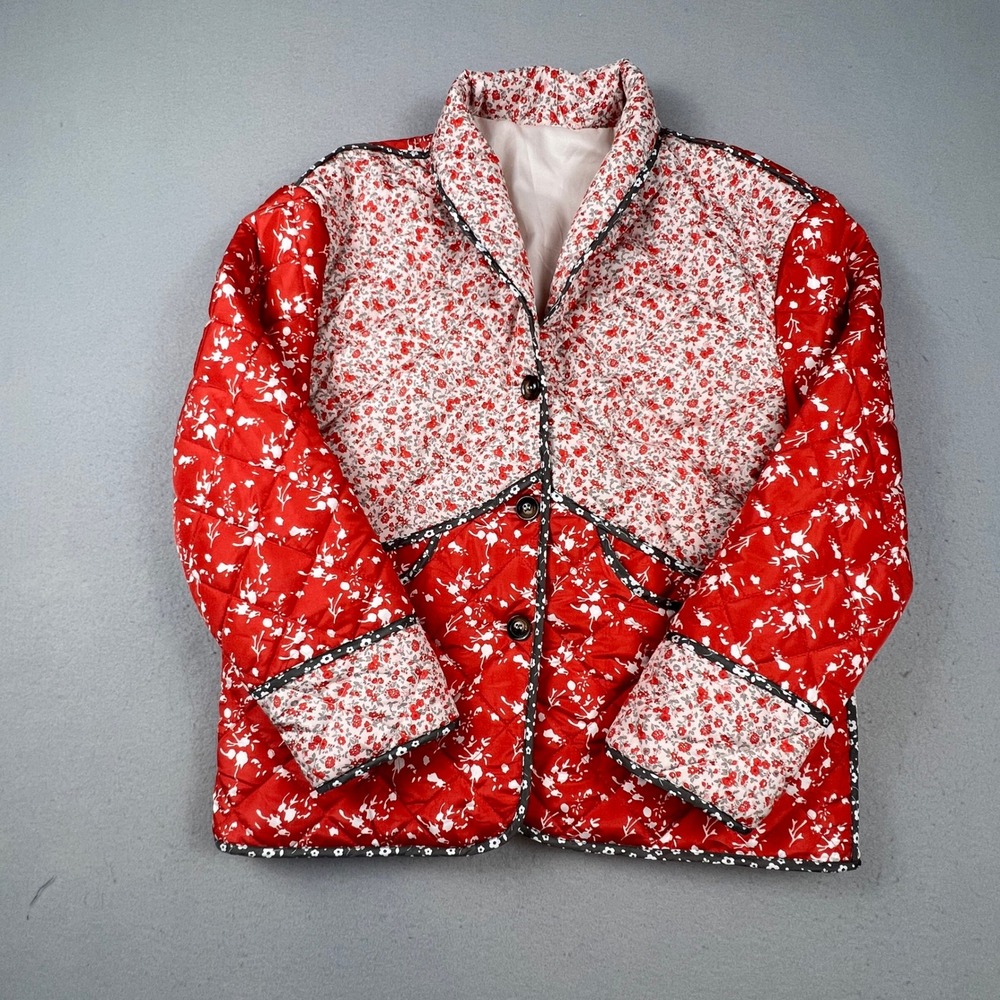 Fashion Quilted Jacket Womens L Red Floral Mixed Print Cottagecore HHYC-0674